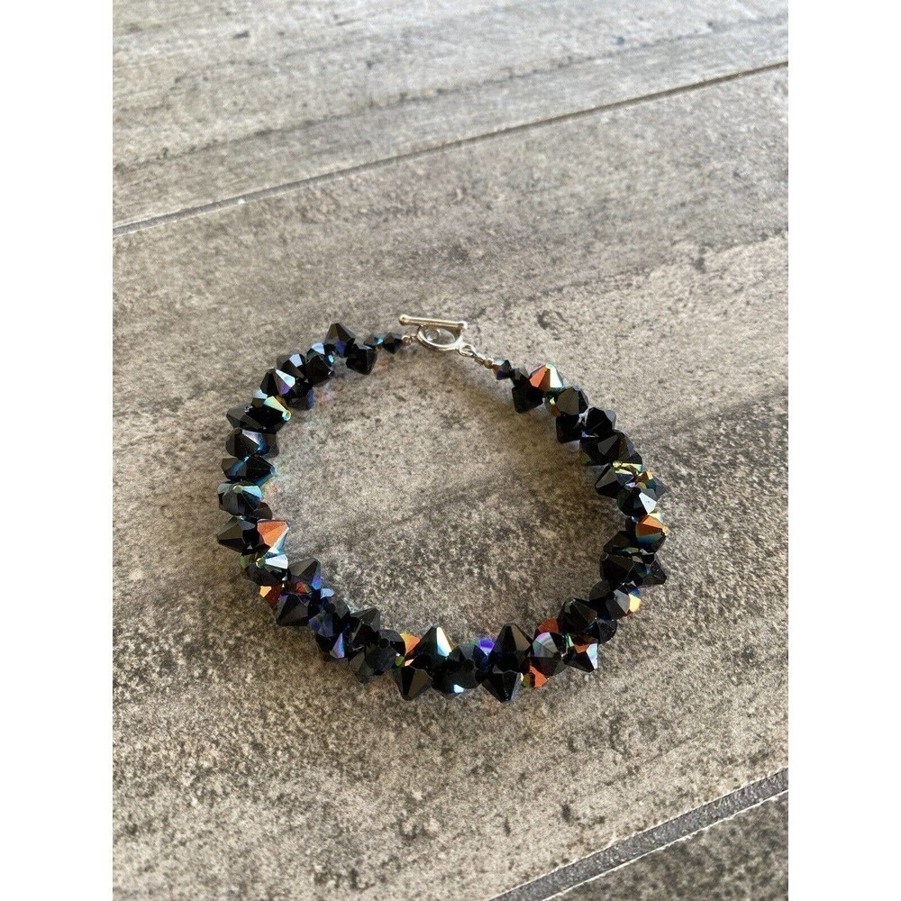 Vintage Bracelet Artisan Czech Crystal Beads Black with AB Foil 925 Clasp 7”